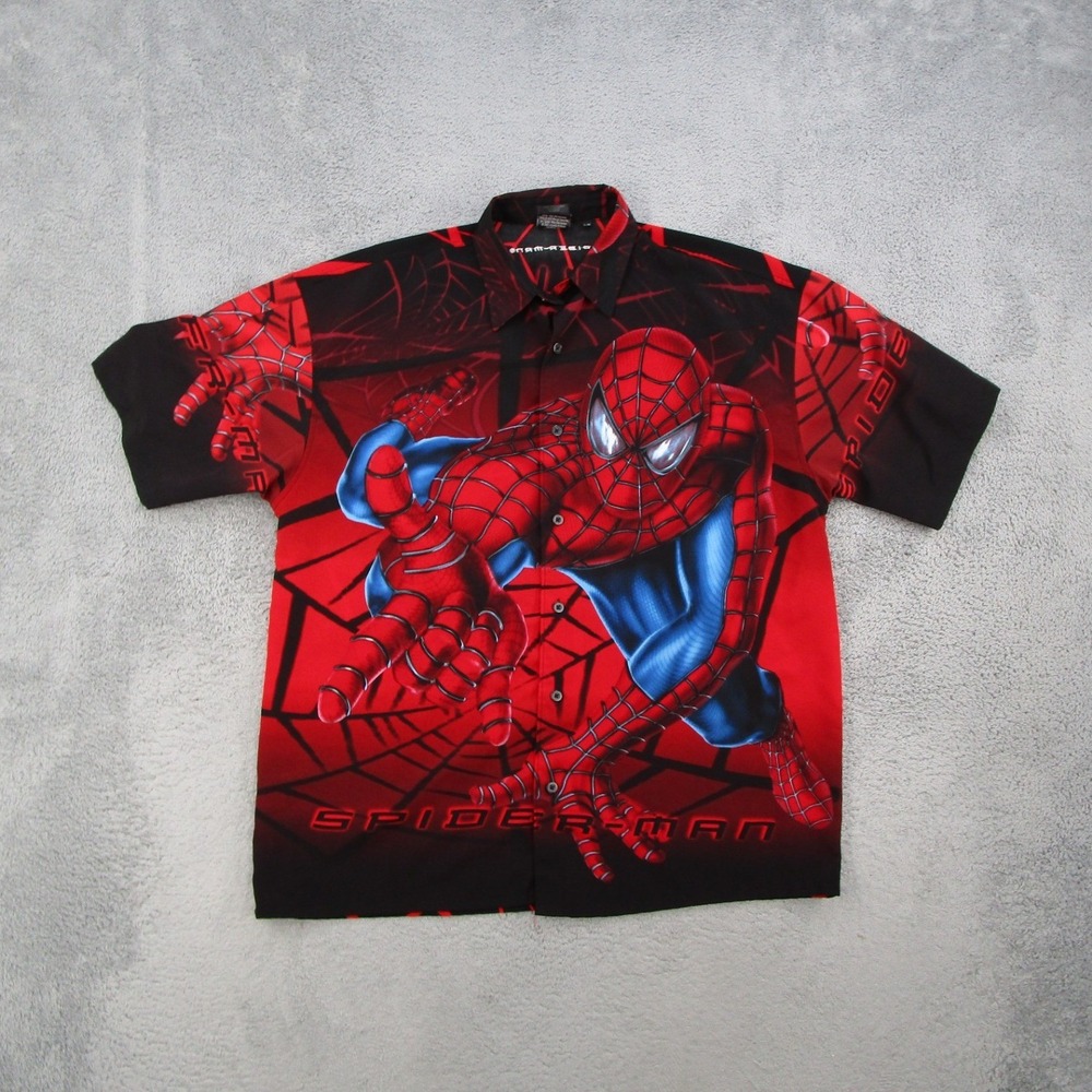 Vintage 2002 Spider-Man Marvel Movie Promo Shirt Mens Large Red Black All Over